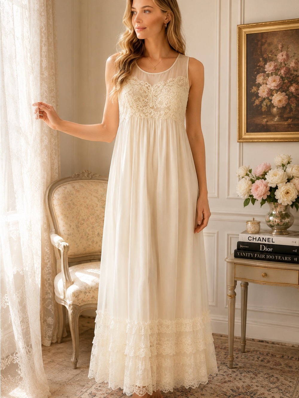 Vintage Shadowline Nightgown M Ivory Lace Maxi Bridal Honeymoon Coquette